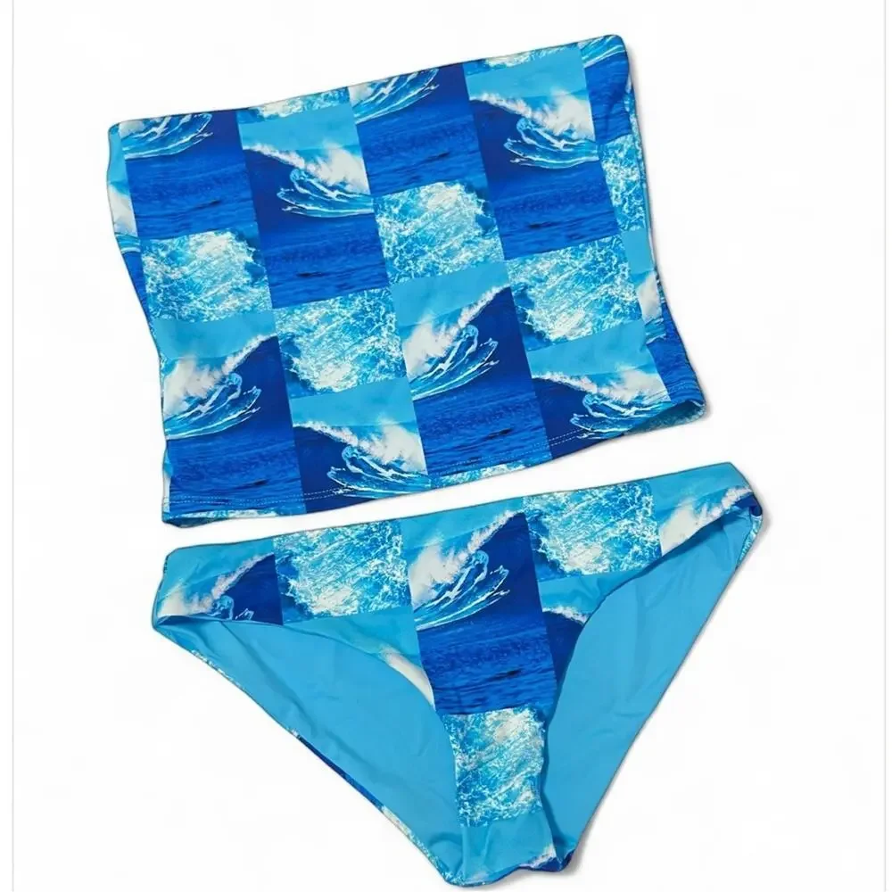 3 Piece SET Frankies Bikinis Waves Print Blue Sz M